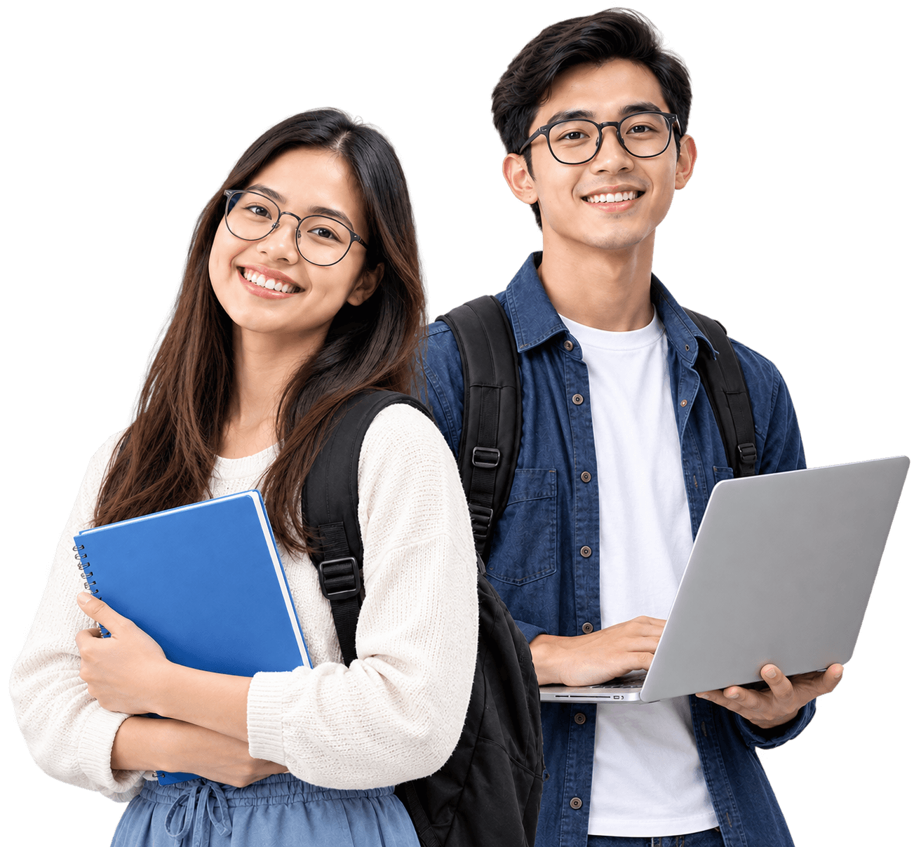 Dua mahasiswa SIBITA tersenyum membawa laptop dan dokumen tugas akhir